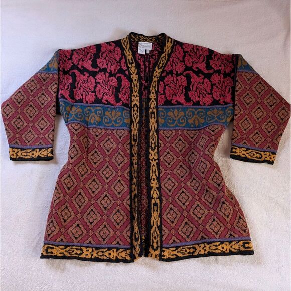 Vintage Tapestry Knit Sweater Cardigan Women's Large Red Multicolor - Picture 2 of 6